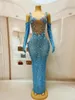 Scen Wear Colorful Rhinestones Pearl Long Dress Gloves For Singer Model Catwalk Outfit Sexig transparent prom födelsedagsfest PO Shoot