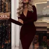 Urban Sexy Dresses Fashion Christmas Elegant Dresses For New Year 2023 Lady Solid Color Long Sleeve Cross V Neck Bodycon Banquet Midi Dress 240223