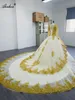 Alonlivn 100% prawdziwych zdjęć Suknia ślubna Ball Suknia w piłkę o nokół z koralikami Perły Perły Złote hafty koronkowe pełne rękawy suknie ślubne