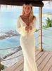 Casual Dresses White Knitted Backless Flare Full Sleeve Dress Elegant Y2K Sexy V-neck A-line Long Vestidos Summer Women Beach Vacation