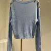 여자 스웨터 어깨 긴 소매 니트 스웨터 탑에 고품질 블루 화이트 골드 버튼