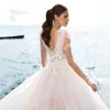 Romantisk bröllopsklänning 2024 Boho Pearls Tulle Princess Backless V-Neck Blommor Applices Brud Bride Gowns Vestidos de Novia