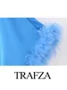 Casual Dresses Trafza Women Chic Elegant Blue One Shoulder Feather Dress Loose Long Sleeve Split Robes Ladies Sexy Evening Party