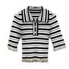 Women's T Shirts 2024 Spring Miu Style Tassel Studded Diamond Polo Neck tröja Ljus lyxränder Kort flip krage stickad t-shirt