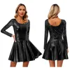 Casual Dresses Womens Shiny Metallic Long Sleeve Dress Round Neck Leotard med hög midja Fare Kjol Stage Performance Rave Party Clubwear