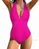 Kvinnors badkläder 2023 Sexig veckad hög midja bikini Kvinnor Sexig V-ringad baddräkt Triangel Cup Solid Color One Piece Swimsuit T240222