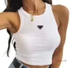 Knitted top Hot Pr-a Summer White Women T-Shirt Tees Crop Top Embroidery Sexy Shoulder Black Tank Casual Sleeveless Backless Shirts Luxury Designer Solid Color Vest 16