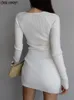 Kentsel Seksi Elbiseler Uzun Kollu Beyaz Örme Elbise V Yastık Çürütülmüş Bodycon Mini Sweater Elbise Zarif Kısa Kısa Sonbahar Kış Elbiseleri Kadınlar İçin 2023 240223