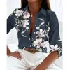 Women's T Shirts Fashion Printed Shirt Pattern Button Top Slim Fit Coment Clothing V-Neck Casual Long Sleeve