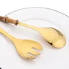 Spoons JANKNG 2/4Pcs Long Handle Serving Spoon Fork Wooden Salad Forks Stainless Steel Tableware Bamboo Cutlery