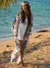 Kvinnors badkläder Vit tryckt Cardigan Beach Cover Up Tunics Chiffon Long Kaftan Bikini Robe de PLAGE SARONG WRAP #Q608