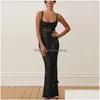 Basic Casual Jurken Elegant Kant Doorzichtige Maxi Jurk Dames Zomer Sexy Spaghettibandjes Bodycon Bruiloft 2024 Zwart Split Dhdqf