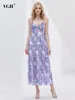 Casual Dresses VGH Floral Printing Camisole For Women Square Collar Sleeveless Off Shoulder High Waist Loose A Line Dress Female