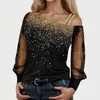 Women's Blouses Sequin Mesh Cold Shoulder Blouse Splice Long Sleeves Loose Shiny Glitter Tunic Top Casual Womens Tops And