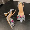 Elbise ayakkabıları yaz kadın yüksek moda yay renkli rhinestone sivri uçlu boş şarap bardağı topuk sandallar