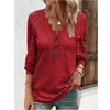 Kvinnors blusar 2024 Casual Summer Autumn Women Knit Blus Shirt ihåliga spetsar Långa ärmar Knapp V-Neck Elegant Solid Color Pullover Tops