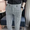 Spring Summer Mens Dress High Quality Men Clothing Men's English Style Plaid Midwaisted Casual Slim Fit Suit Pants 36