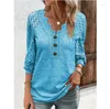 Kvinnors blusar 2024 Casual Summer Autumn Women Knit Blus Shirt ihåliga spetsar Långa ärmar Knapp V-Neck Elegant Solid Color Pullover Tops