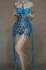 Stage Wear Sparkly Blue Crystals Sequins Sexy Mesh Transparent Halter Dress For Women Party Birthday Singer Dancer