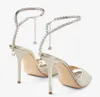 24S Luxo Mulheres Sandália Sapatos de Salto Alto J-C SAEDA SANDAL 100mm Saltos Cristal Gelo Branco Partícula de Ouro Glitter Sandálias Sapato Feminino Square Toe Strass Ankle Strap com Caixa