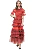 夏の贅沢な女性高品質のファッションパーティーワインレッドケーキフリル滑走路プリティバースデーラッフルセレブリティクラシックシックな階層メッシュロングドレス