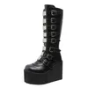 Sapatos de vestido Marca Design Feminino Cunhas Salto Alto Joelho Botas Altas Botas Plataforma Preta Mulheres 2022 Gótico Cosplay Sapatos Botas FemeninaL2402