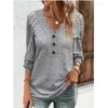 Kvinnors blusar 2024 Casual Summer Autumn Women Knit Blus Shirt ihåliga spetsar Långa ärmar Knapp V-Neck Elegant Solid Color Pullover Tops