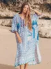 Roupa de banho feminina azul com decote em v impresso kaftan oversized praia cobrir saida de banho para praia sarong robe plage # q652