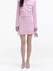 Женские куртки, клетчатый розовый вязаный комплект, однобортный свитер с круглым вырезом и ромбовидными пуговицами, пальто или плиссированная короткая юбка, женский весенний костюм 2024 года