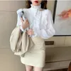 Korean Women Elegant Chiffon Shirt and Blouses Chic Long Sleeve Lace Ruffles Stand Collar Casual Loose White Tops Woman 13433 240220