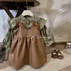 Girl Dresses Korean Style Spring Autumn Dress Long Sleeves Floral Stand Collar Doll Shirts Sleeveless Vest Artificial Leather H055
