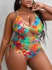 Women's Swimwear Vintage Orange Leaves Print Swimsuit Women Large Size 4XL Hollow Out Front Tie Backless Bathing Suit One Piece Tankini