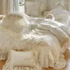 Conjuntos de cama 1000TC Algodão Egípcio Romântico Renda Francesa Ruffles Flores Bordado Conjunto de Casamento Duveta Capa de Cama Fronhas