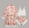 Vrouwen Nachtkleding Sexy Kant Print Vrouwen 3 STKS Gewaad Pyjama Set Bruid Kamerjas Rayon Nachthemd Lingerie Badjas Thuis kleding