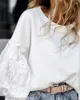 여성용 블라우스 셔츠 둥근 목 흰색 속이 빈 레이스 긴 소매 풀 오버 느슨한 낙하기 커프 패션 티셔츠 랜턴 쇼
