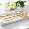 Disposable Dinnerware Golden Sier Rose Gold Knife And Fork Spoon Plastic Tableware Set Birthday Party Wedding Supplies Drop Delivery Dhexb