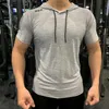 Gym Sport Hooded Running Men T-shirt Fitness Slim High Elasticity Brody Body Bodybuilding Tshiirt Tee Tops 240219