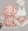 Vêtements de nuit pour femmes Sexy Dentelle Imprimer Femmes 3PCS Robe Pyjamas Ensemble Robe de mariée Robe de chambre Rayonne Chemise de nuit Lingerie Peignoir Vêtements de maison