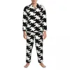 Mäns sömnkläder pyjamas Men Houndstooth Graphic Home Nightwear Modern Abstract Design 2 Pieces Pyjama Set Long Sleeve Soft Sound Suit