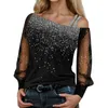 Women's Blouses Sequin Mesh Cold Shoulder Blouse Splice Long Sleeves Loose Shiny Glitter Tunic Top Casual Womens Tops And