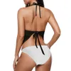 Anpassade kvinnors bikini baddräkt HD mönster avtagbar bröstkudde halsband spets design låg midja simning trosor 86% polyester +14% spandex 185g färgkontrast