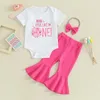 Kledingsets Honganda Babymeisje Eerste Verjaardag Outfit Korte mouw Discobal Print Romper en uitlopende broek met hoofdband Zomerkleding