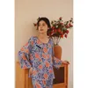 Vêtements de nuit pour femmes 2024 Printemps Satin Rétro Style Chinois Pyjamas Pour Femmes Bleu Ton Imprimé Pantalon À Manches Longues Pijama Mujer Élégant Maison