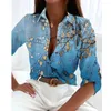 Women's T Shirts Fashion Printed Shirt Pattern Button Top Slim Fit Coment Clothing V-Neck Casual Long Sleeve