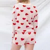 Damen-Nachtwäsche, Hirigin Damen-Pyjama-Set zum Valentinstag, Herz-Druck, langärmlig, Strickpullover, Pullover mit Shorts, Loungewear