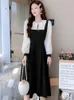 Casual Dresses 2024 Black Corduroy Patchwork Lace Long Sleeve Midi Dress Women Chic Ruffled Collar Autumn Winter Thick Warm Party