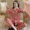 Kvinnors sömnkläder Summer Silk Satin Pyjamas Set Woman Printed Long Sleeve Pijamas Suit Female Sleep Two Piece Loungewear Plus Size