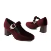 Scarpe eleganti Velluto Velluto Cintura con fibbia grande Cinturino a T Donna Mary Jane Décolleté Verde oliva Colore bordeaux Punta chiusa Tacco alto Donna