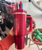 SUS STOCK com logotipo Holiday Red Co brand ded Winter Pink Shimmery EDIÇÃO LIMITADA 40 onças Tumblers 40 onças canecas alça tampa palha garrafa de água presente do dia dos namorados G0224