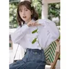Blusas femininas doce gola virada para baixo camisas de botão moda coreana plissado flor manga longa blusa mulher outwear topos h23